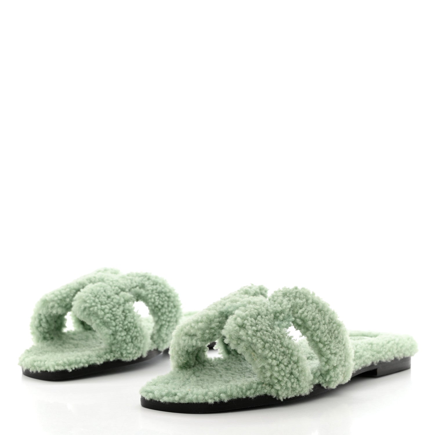 Hermes Woolskin Oran Sandals 37.5 Vert D'Eau 3 of 7