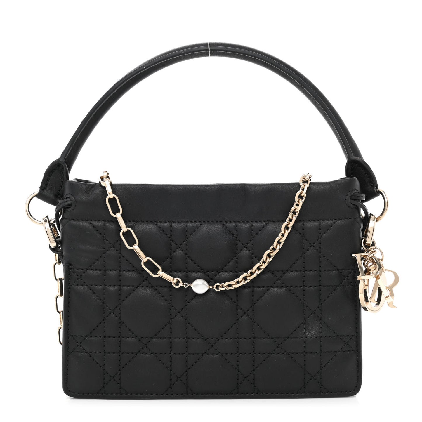 Lambskin Cannage Mini Top Handle Drawstring Bag Black