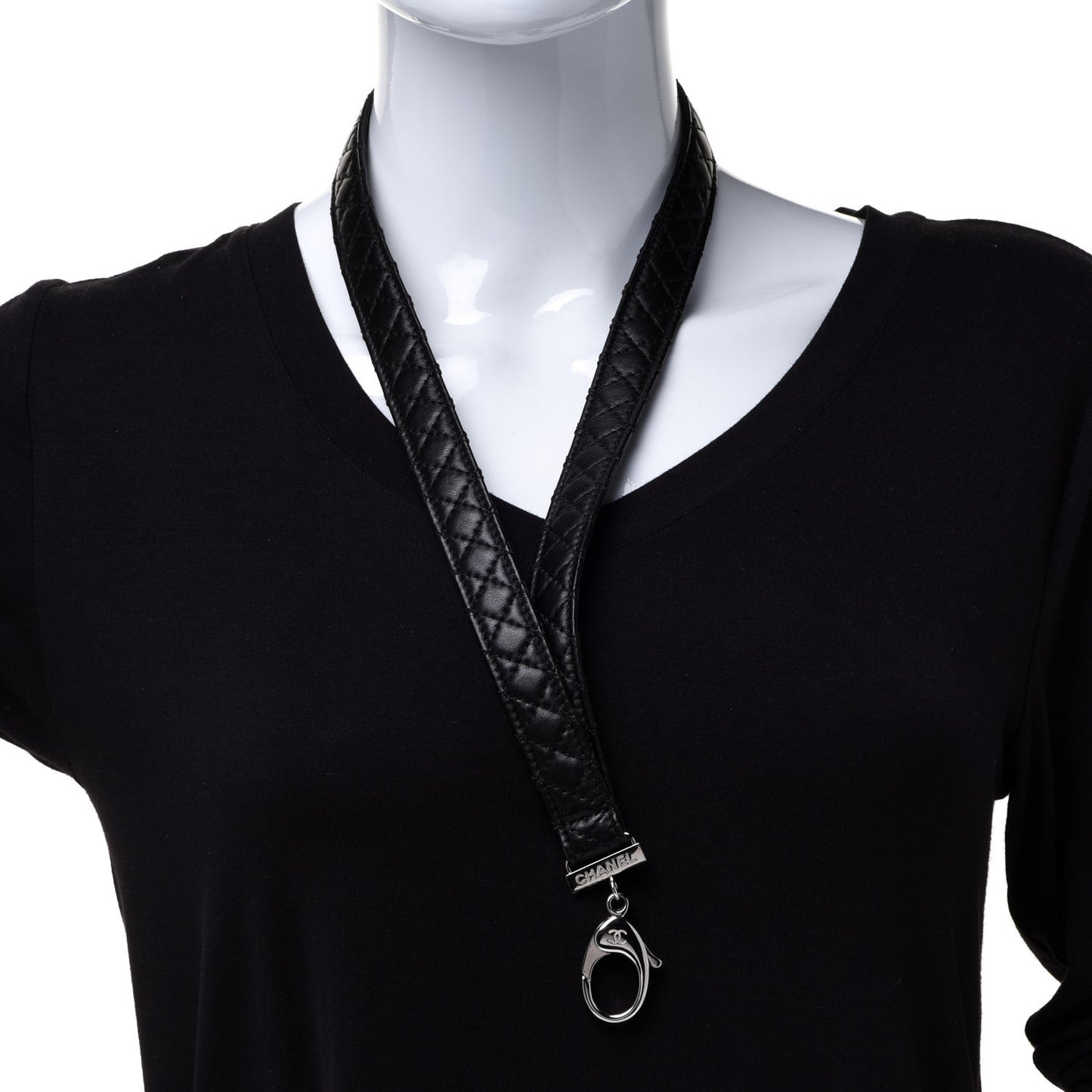 Lambskin Quilted Lanyard Key Holder Necklace Black