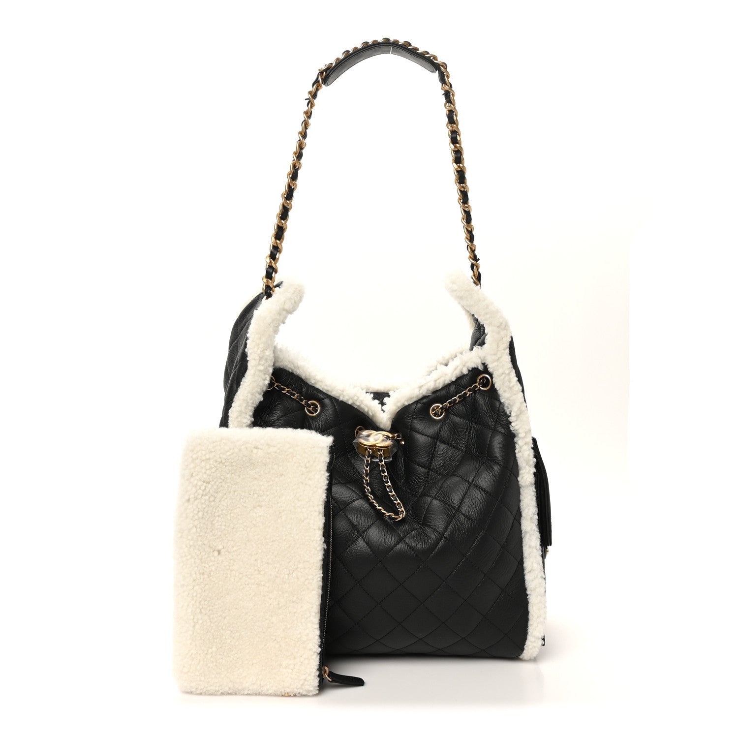Chanel Crumpled Sheepskin Shearling Quilted Medium Chanel 25 Handbag Black White 3 of 11