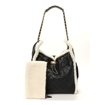 Chanel Crumpled Sheepskin Shearling Quilted Medium Chanel 25 Handbag Black White 3 of 11