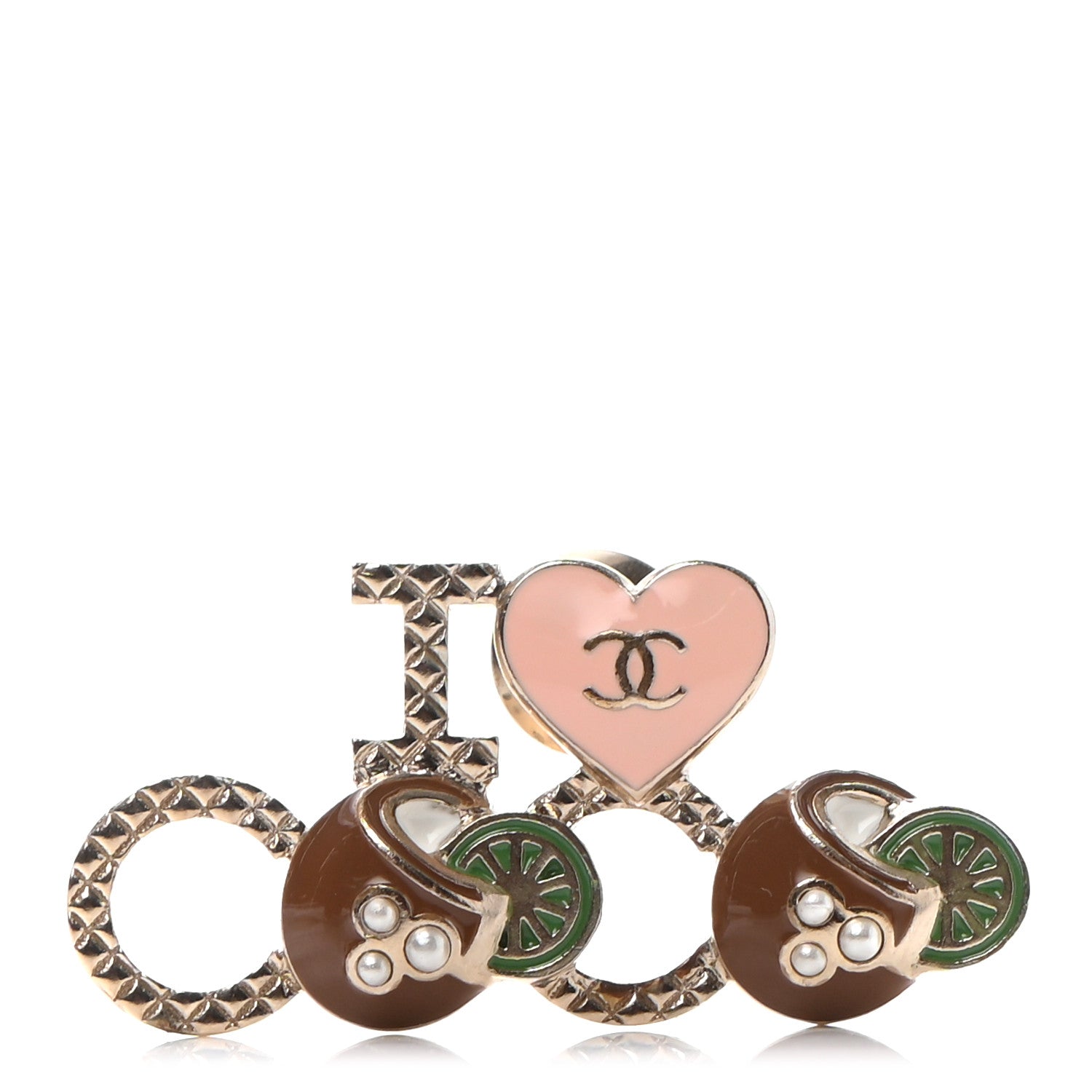 Chanel Metal Resin Pearl I Love Coco Brooch Gold Brown Pink 1 of 7