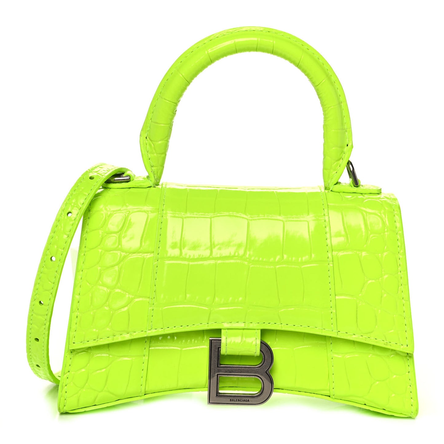 Shiny Calfskin Crocodile Embossed Hourglass Top Handle Bag XS Fluo Yellow