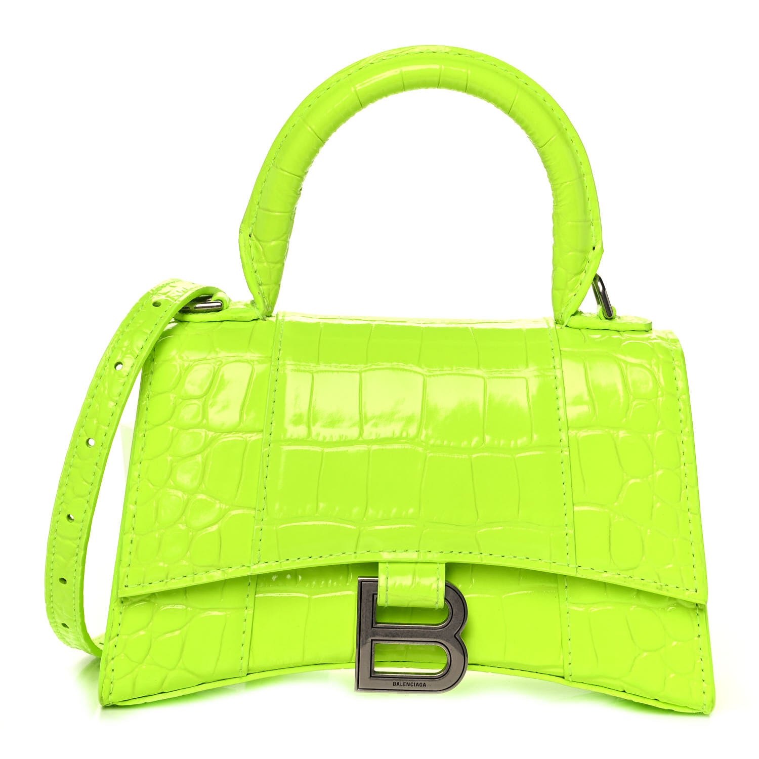 Balenciaga Shiny Calfskin Crocodile Embossed Hourglass Top Handle Bag XS Fluo Yellow 1 of 12