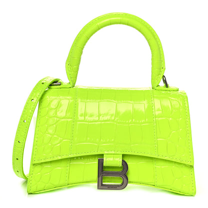 Balenciaga Shiny Calfskin Crocodile Embossed Hourglass Top Handle Bag XS Fluo Yellow 1 of 12