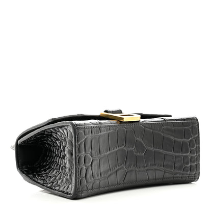 Balenciaga Shiny Calfskin Crocodile Embossed Hourglass Top Handle Bag XS Black 4 of 11