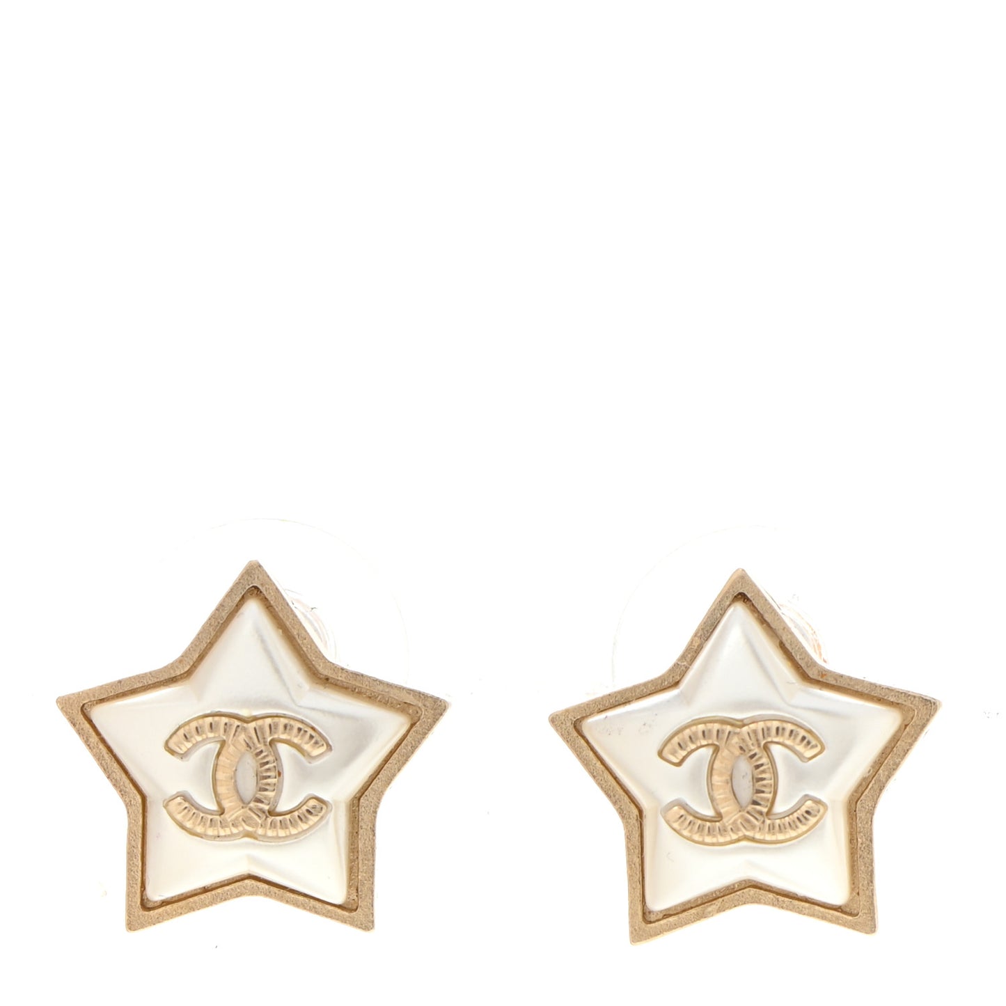Resin Metal CC Star Earrings Gold Pearly White