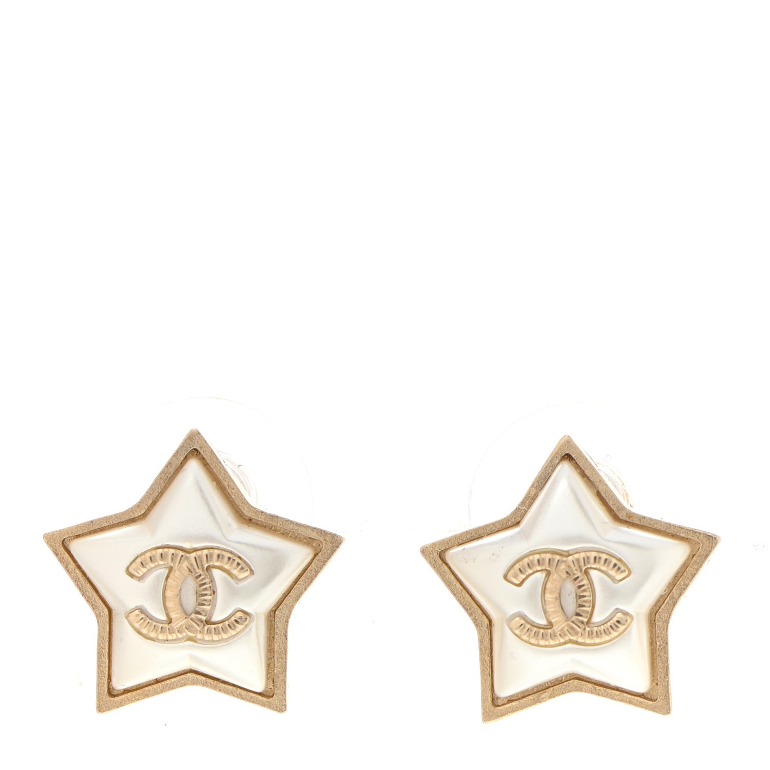 Chanel Resin Metal CC Star Earrings Gold Pearly White 1 of 5