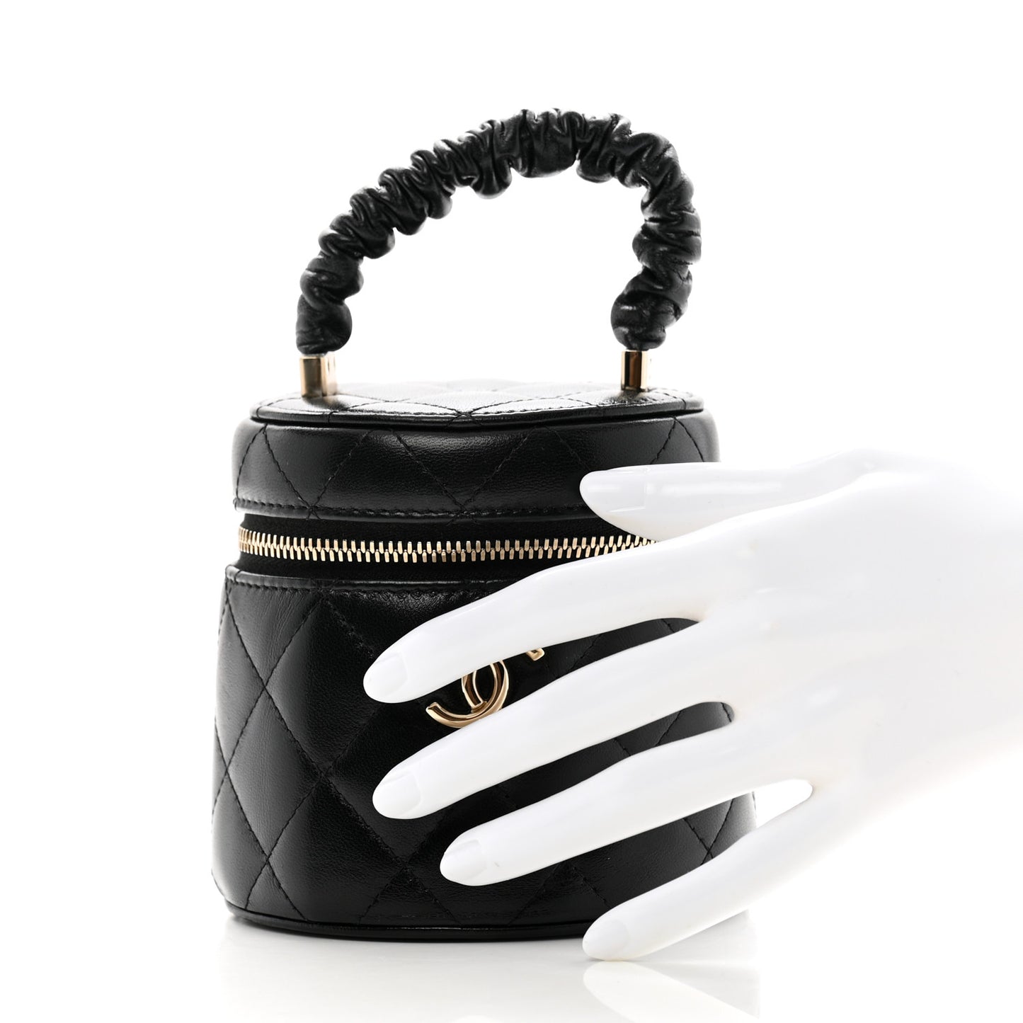 Lambskin Quilted Ruched Handle Vanity Case Black