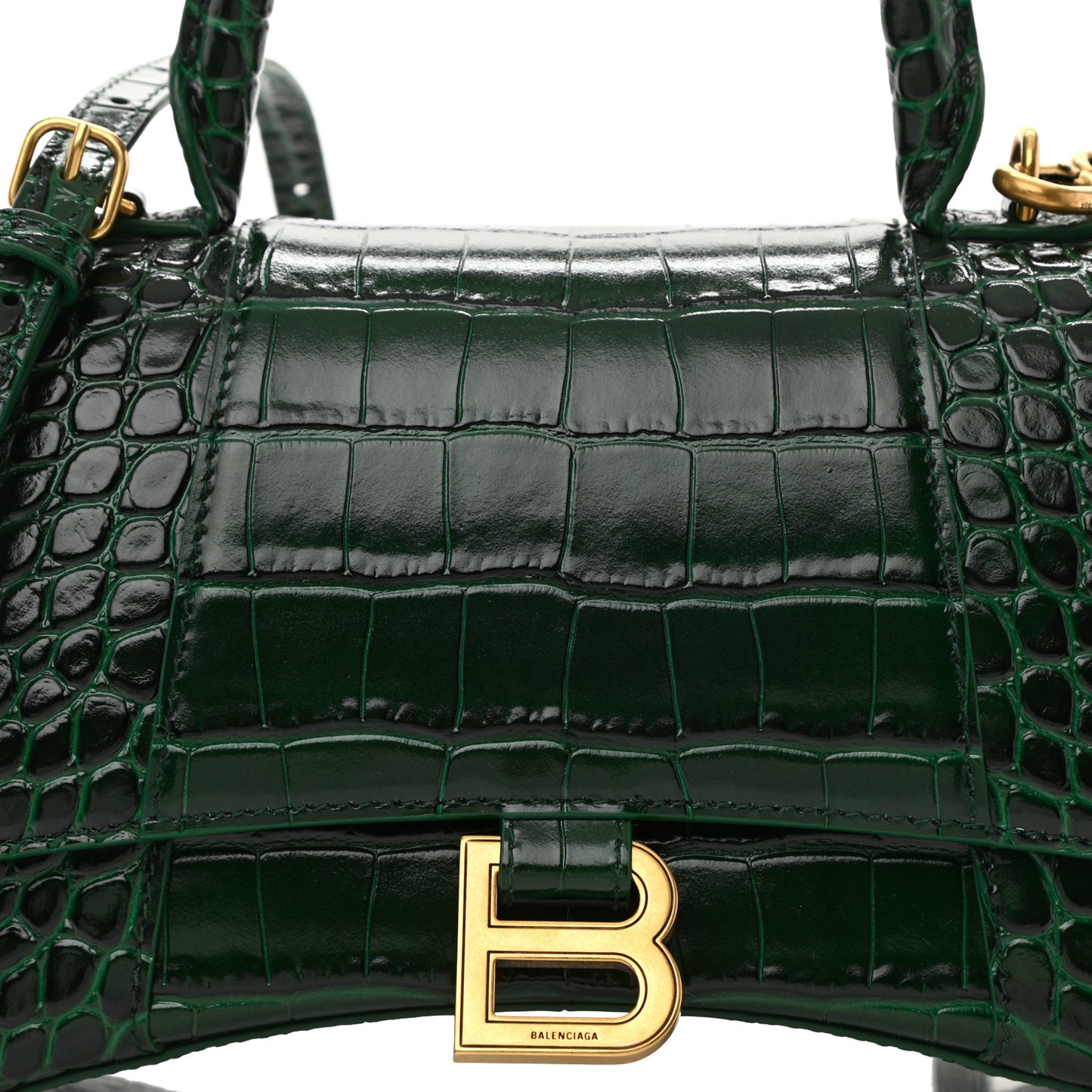 Shiny Calfskin Crocodile Embossed Small Hourglass Top Handle Bag Forest Green