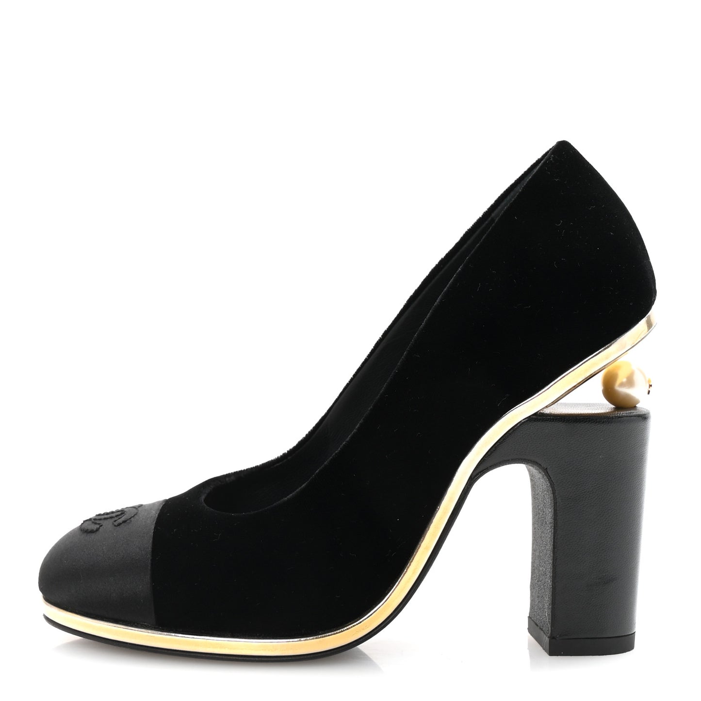 Velvet Satin Cap Toe Pearl Pumps 36 Black