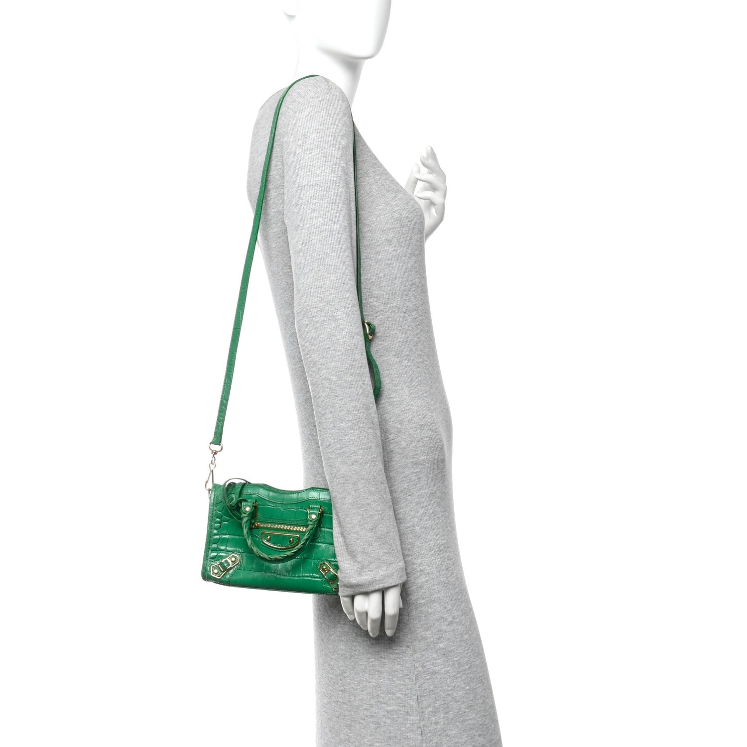 Balenciaga Shiny Supple Calfskin Crocodile Embossed Gold Metallic Edge Hardware Nano City Leaf Green 2 of 16