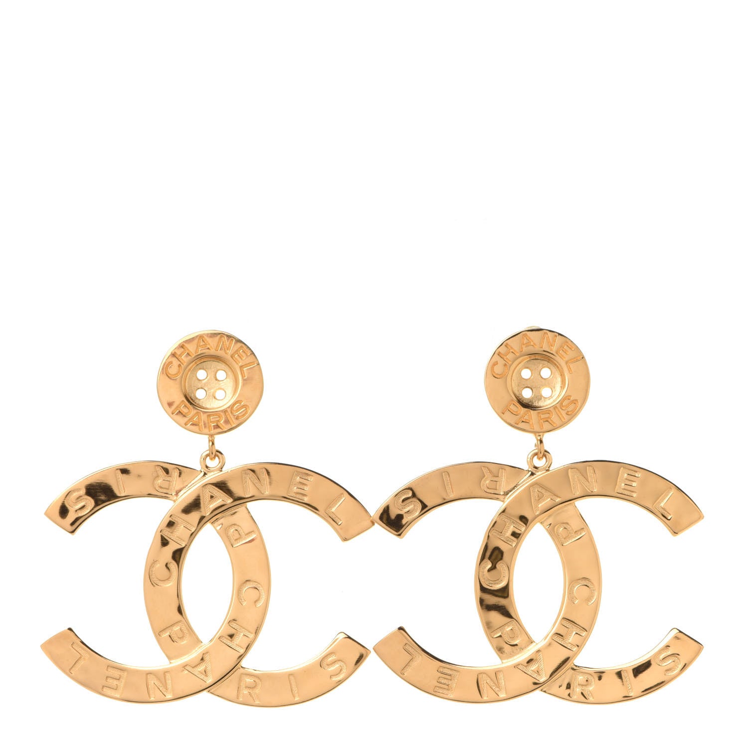 Chanel Metal Large Paris Button Earrings Gold 1 of 5