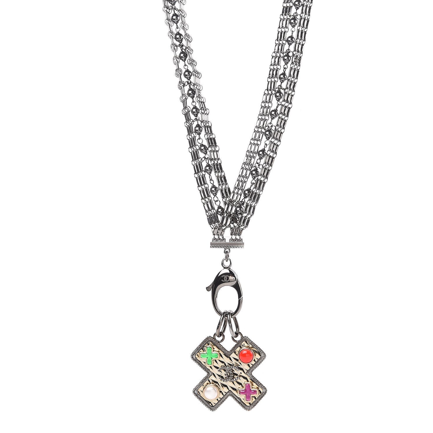 Ruthenium Resin Pearl CC Cross Long Pendant Necklace Multicolor