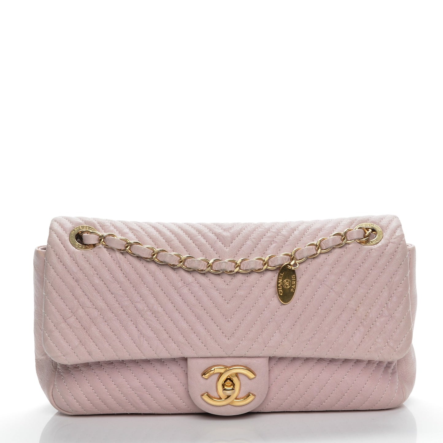 Wrinkled Lambskin Chevron Quilted Medium Flap Light Pink