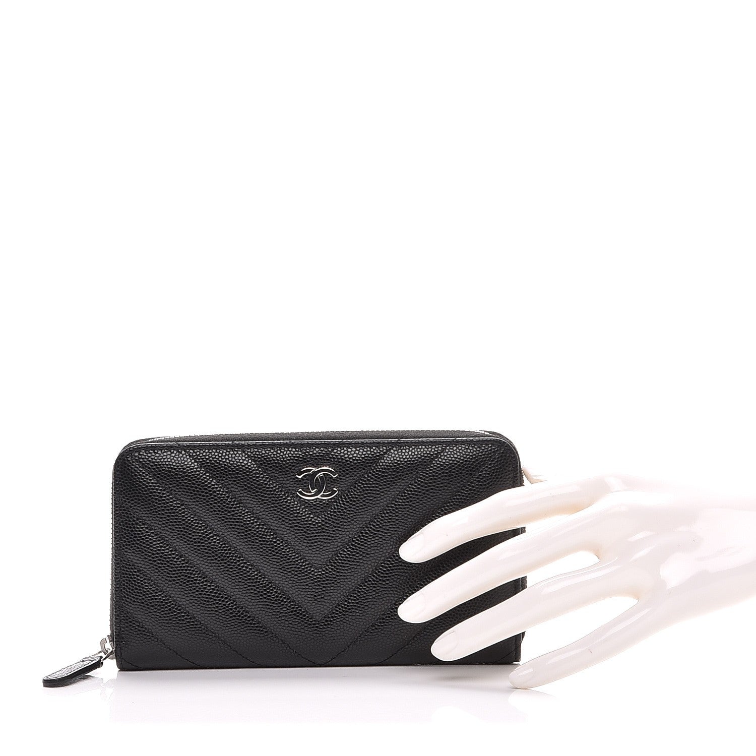 Chanel Caviar Chevron Quilted Small Zip Around Wallet Black 2 of 9