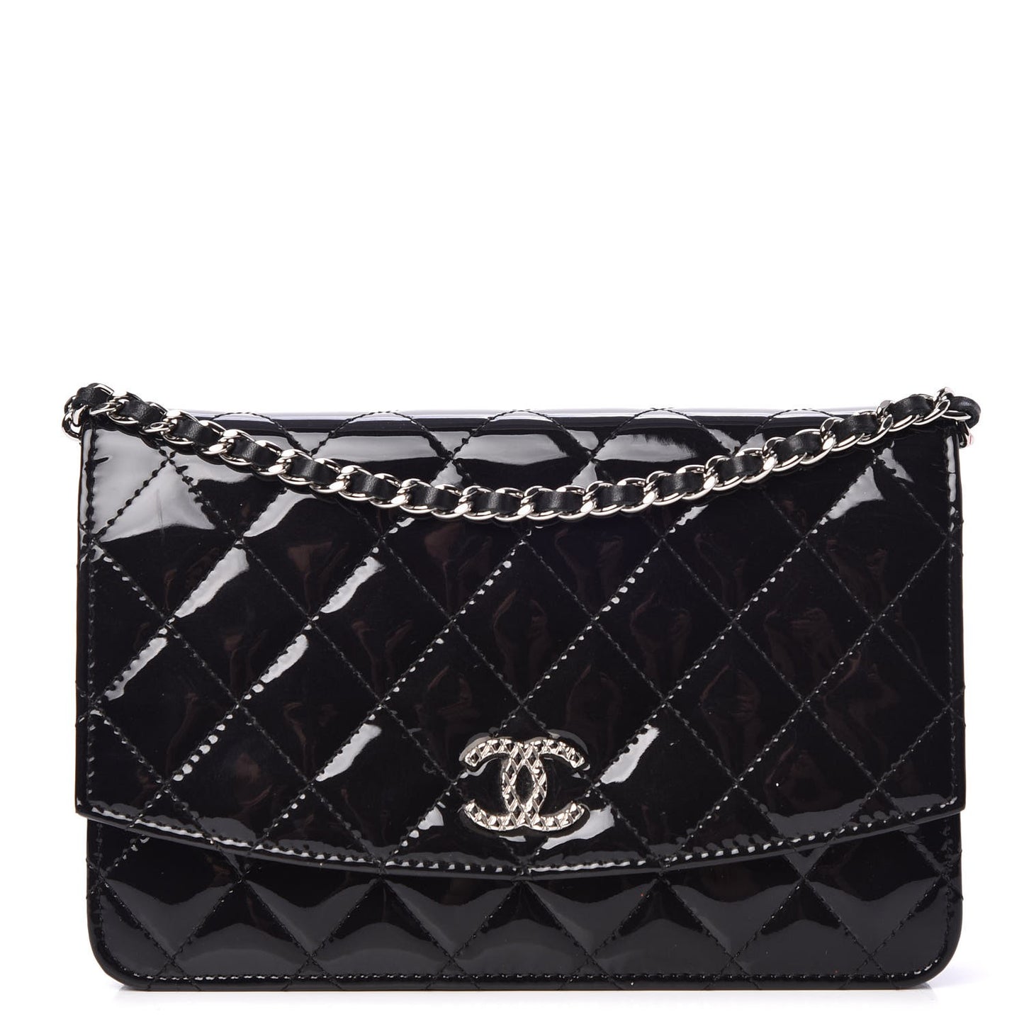 Patent Quilted Brilliant Wallet On Chain WOC Black