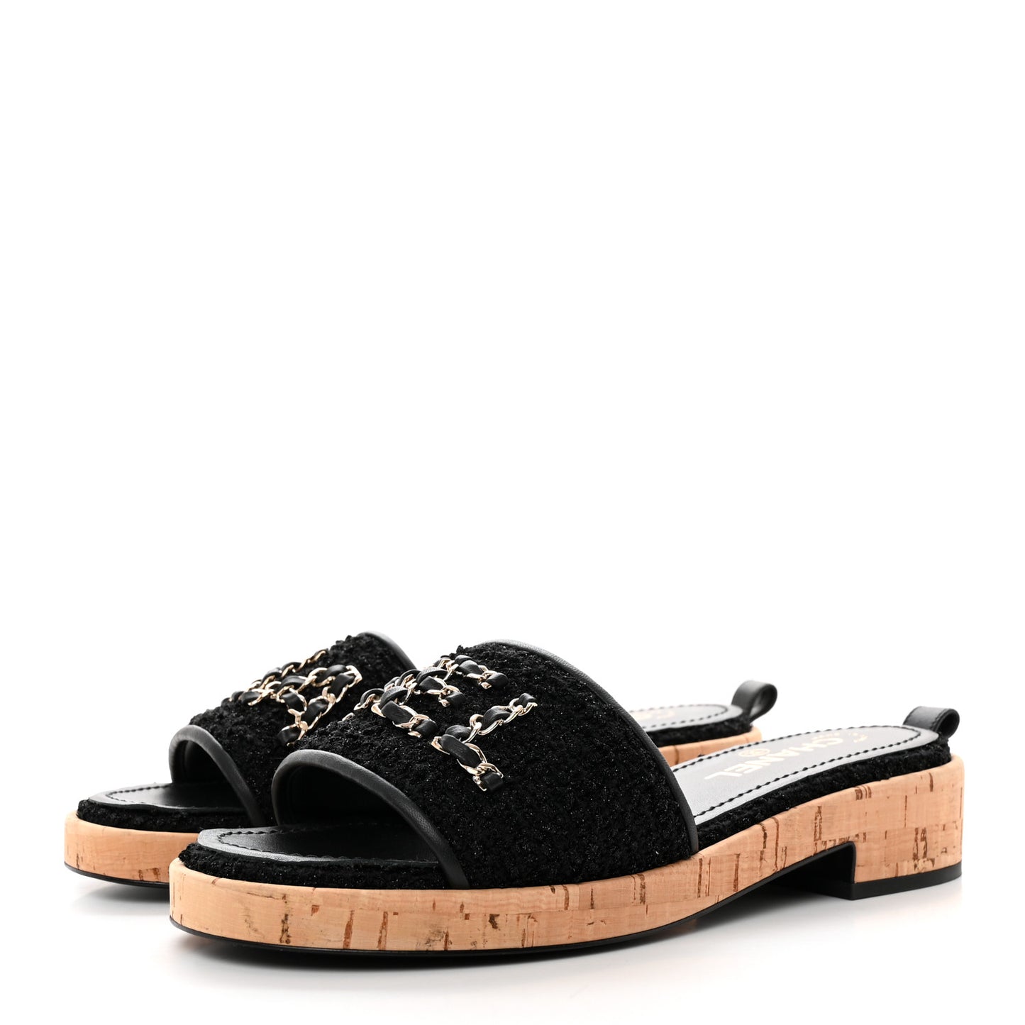 Tweed Cork CC Chain Mule Sandal 39 Black