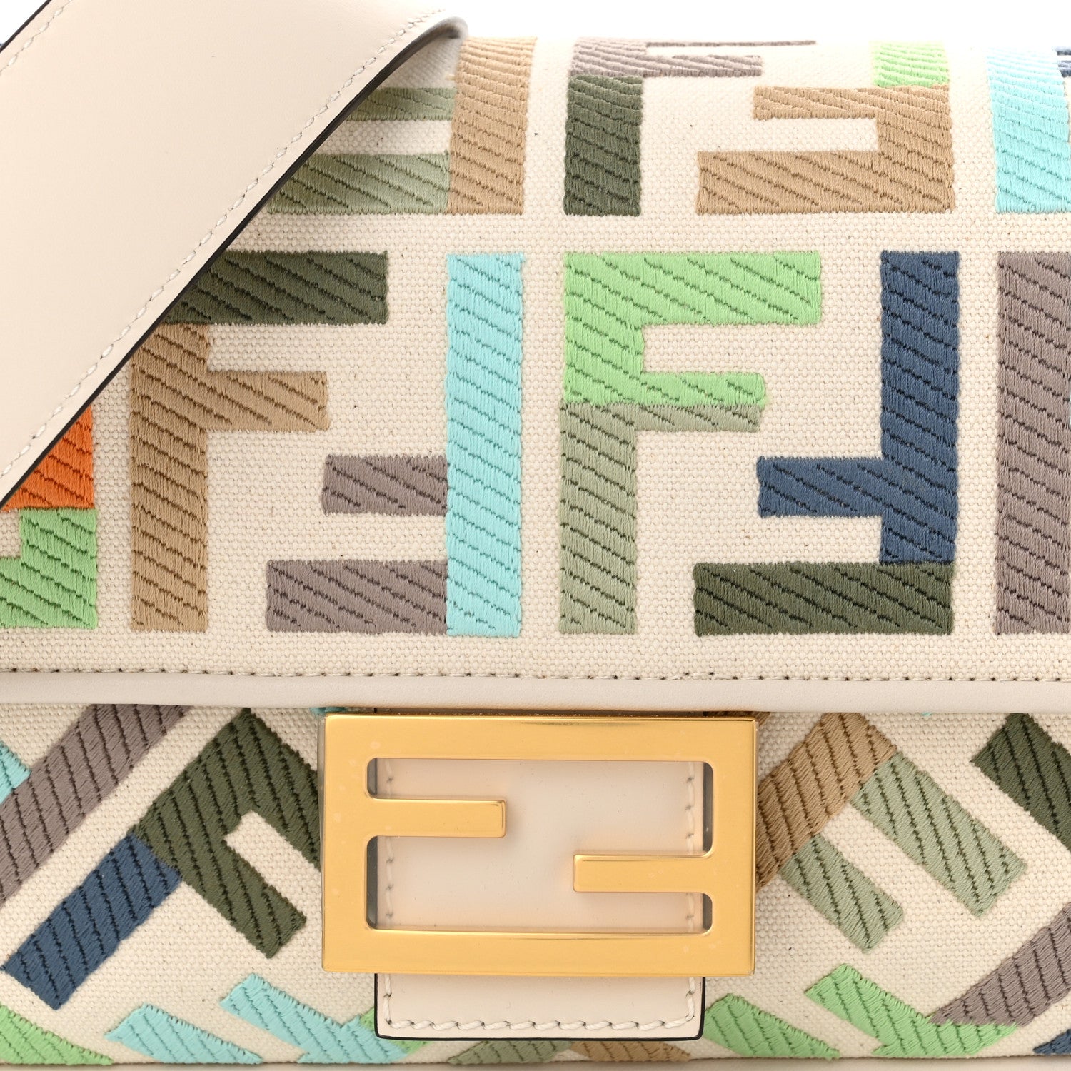 Fendi Canvas Vitello Seta FF Multicolor Embroidered Baguette Grezzo Multicolor Latte 8 of 10