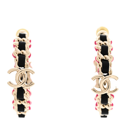 Chanel Lambskin Enamel CC Chain Hoop Earrings Gold Black Pink 1 of 4