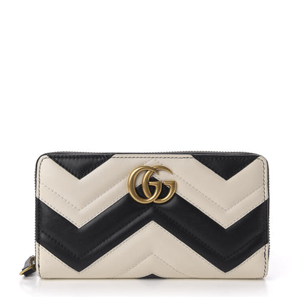 Gucci Calfskin Matelasse GG Marmont Zip Around Wallet Black White 1 of 6