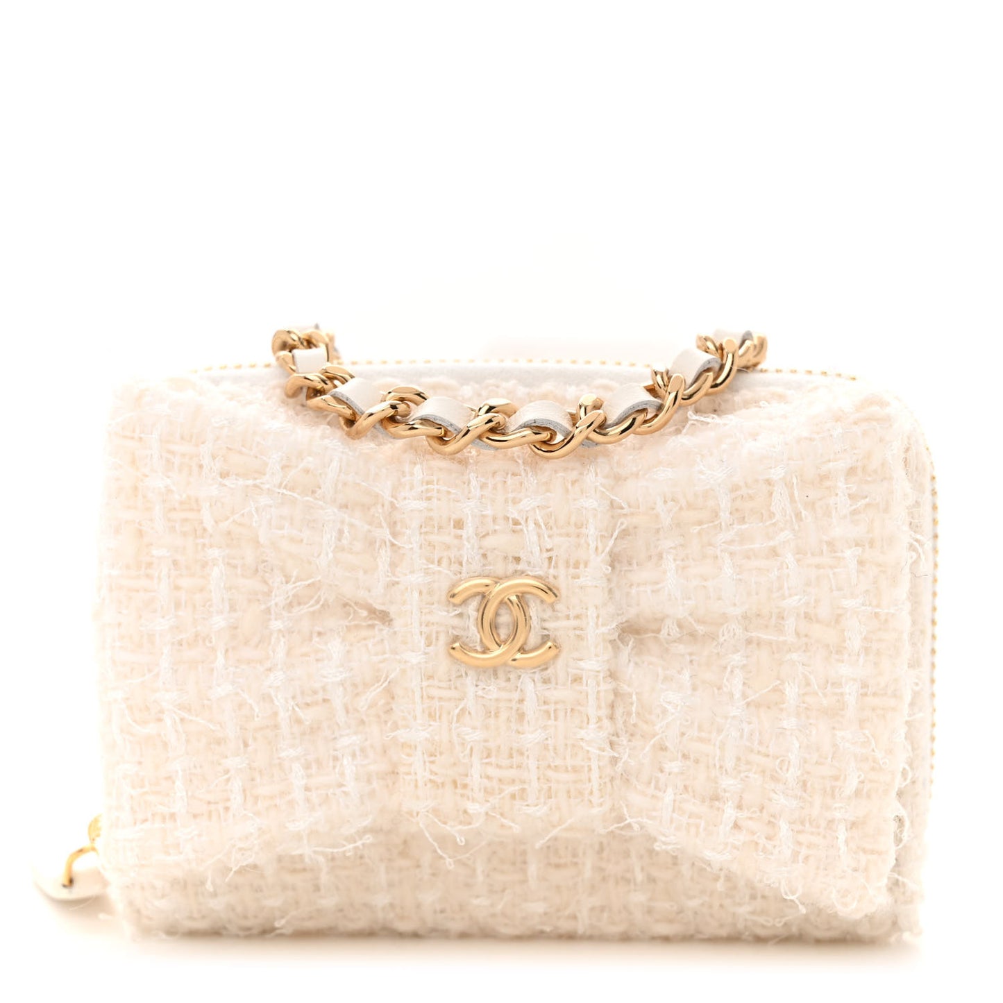 Tweed Quilted Bow Flap Card Holder On Chain White