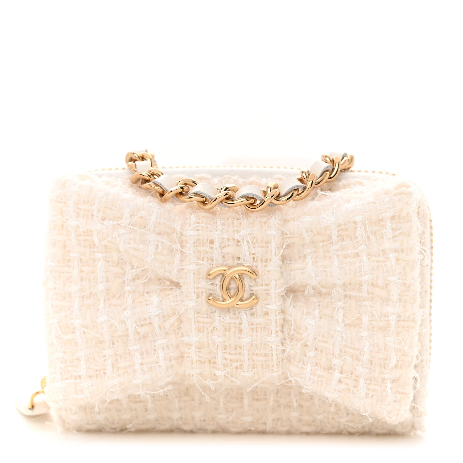 Chanel Tweed Quilted Bow Flap Card Holder On Chain White 1 of 12