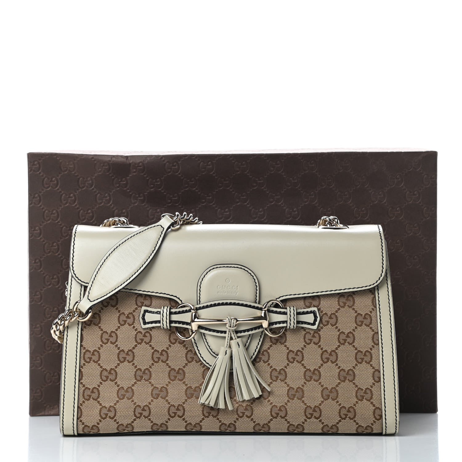 Gucci Monogram Margaux Calfskin Medium Emily Chain Shoulder Bag Beige Ebony Mystic White 13 of 13