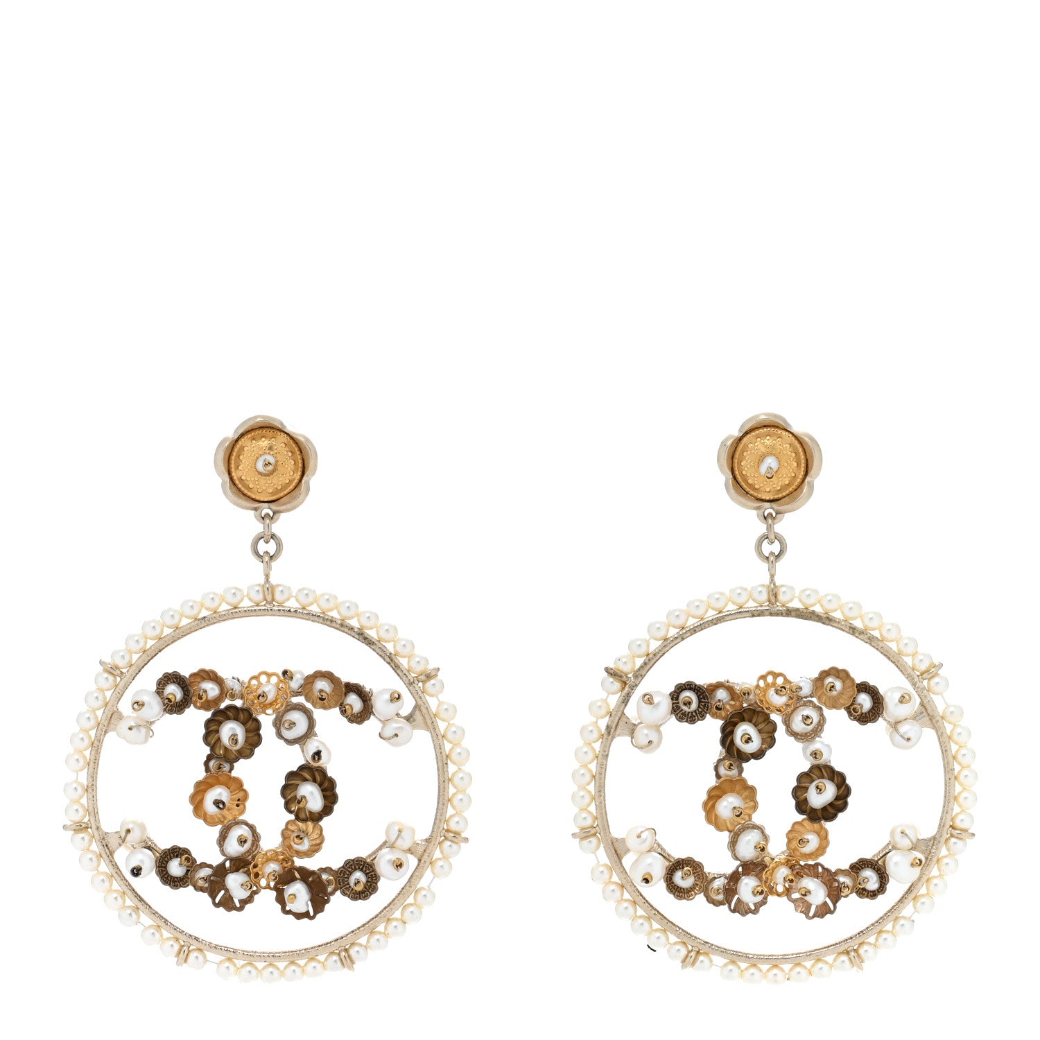 Chanel Pearl Crystal CC Camelia Hoop Earrings Gold 1 of 5