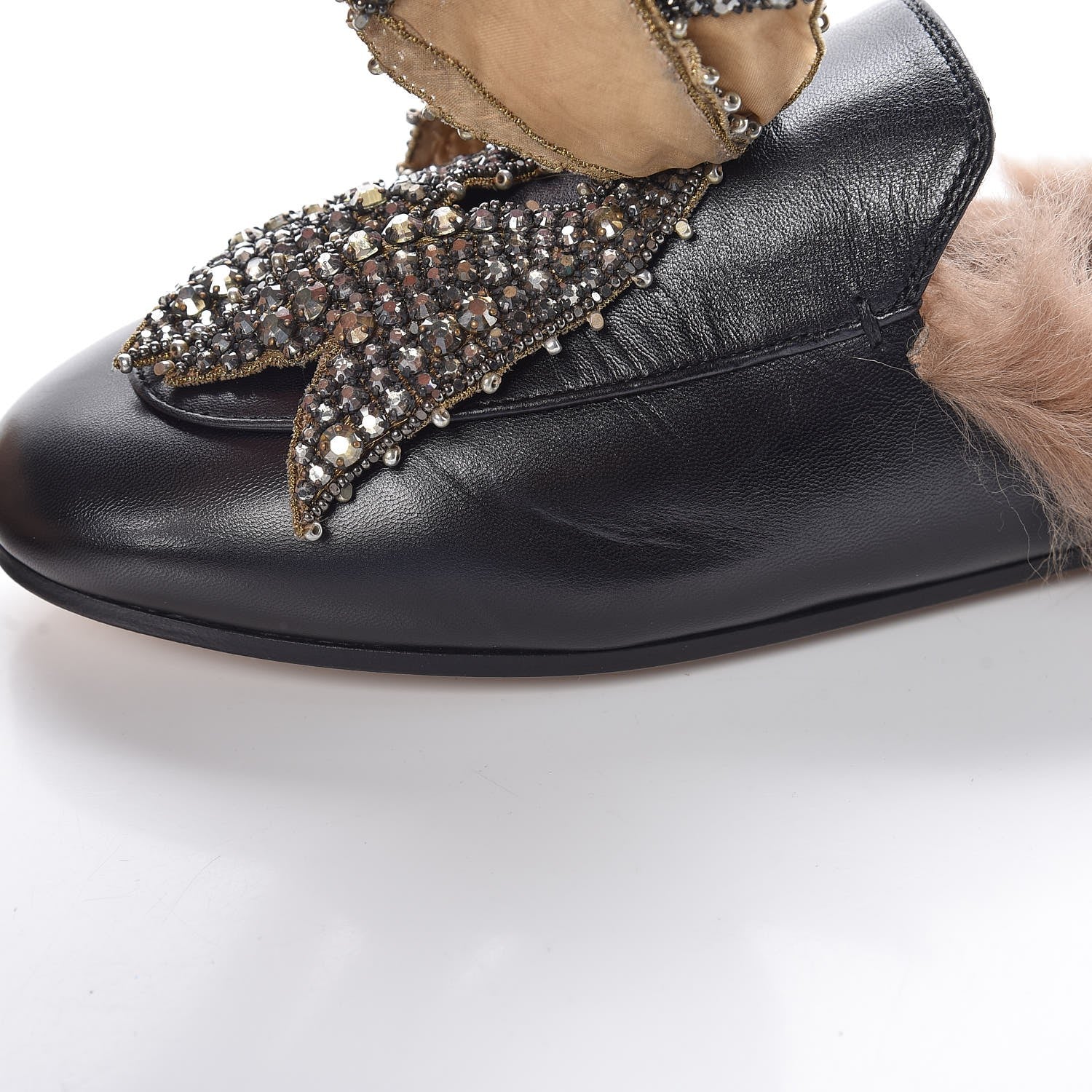 Gucci Malaga Kid Fur Crystal Bow Embroidered Womens Princetown Slippers 37 Black 9 of 12