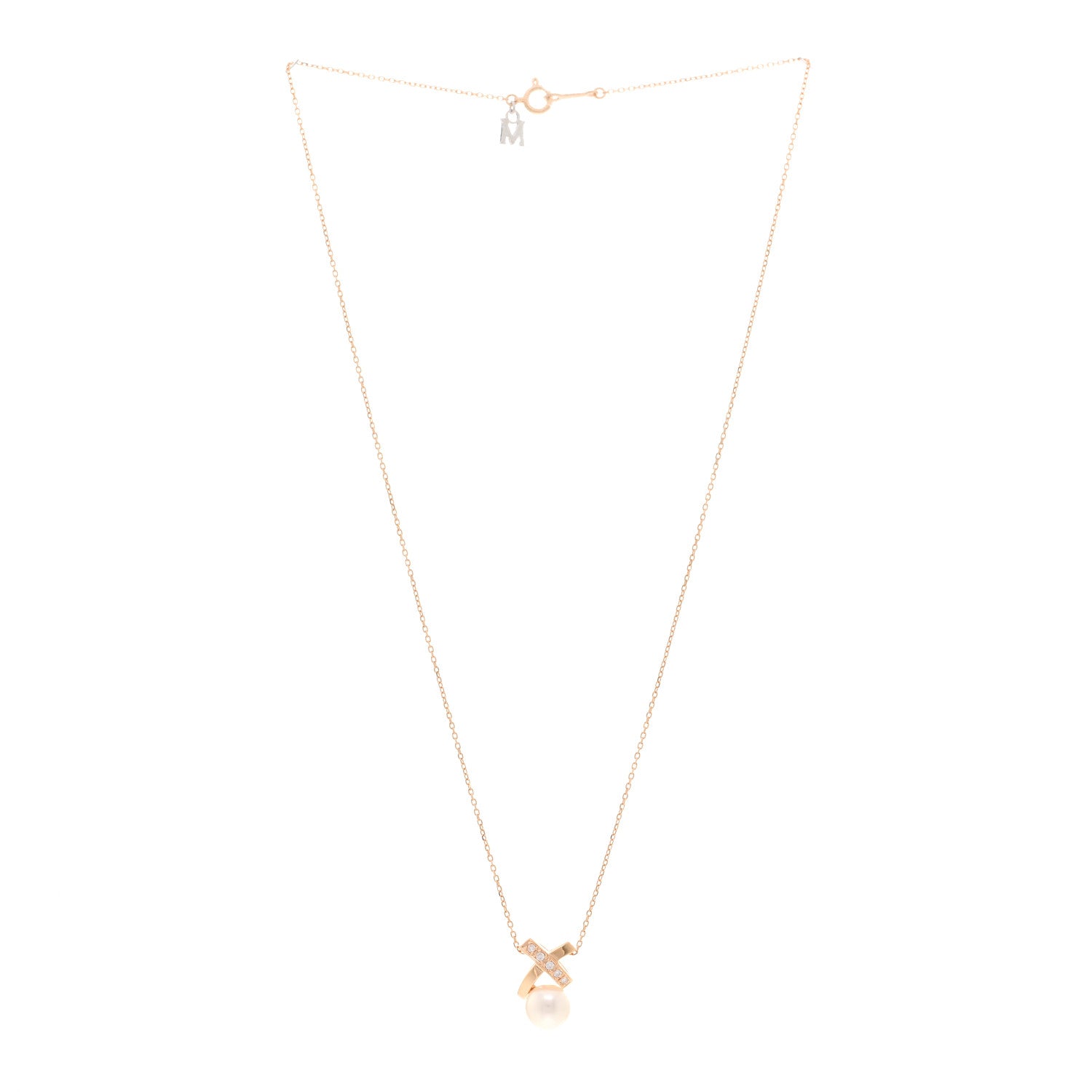 Mikimoto 18K Rose Gold Diamond Akoya Pearl X Pendant Necklace 3 of 5