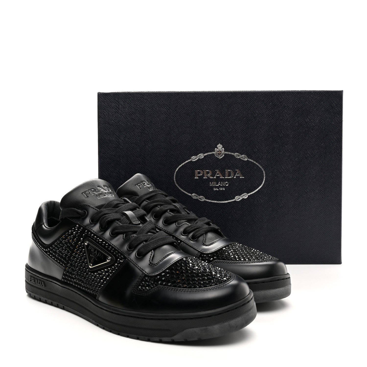 Prada Vitello Rois Crystal Embellished Metal Triangle Logo Mens Downtown Low Top Sneakers 8.5 Black 12 of 12