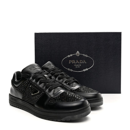 Prada Vitello Rois Crystal Embellished Metal Triangle Logo Mens Downtown Low Top Sneakers 8.5 Black 12 of 12