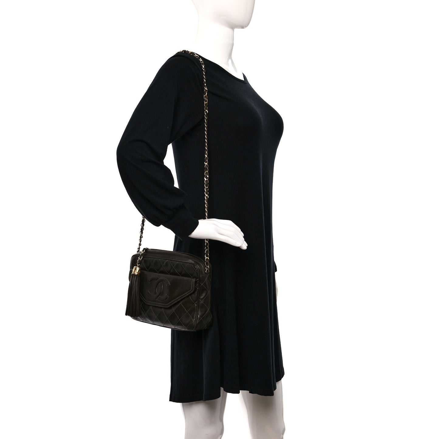 Lambskin Quilted Tassel Camera Case Brown