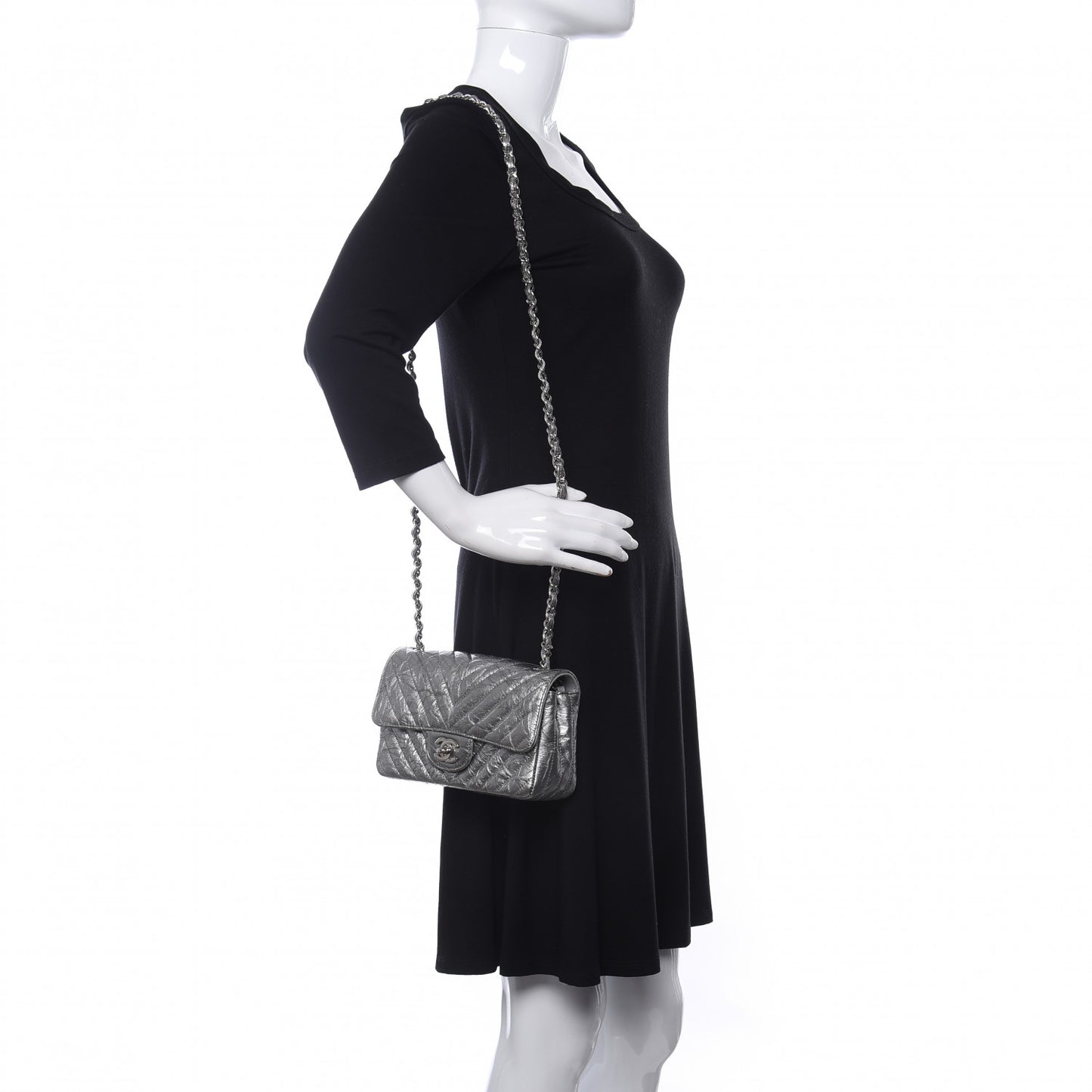 Patent Metallic Crumpled Calfskin Chevron Quilted Mini Rectangular Flap Silver