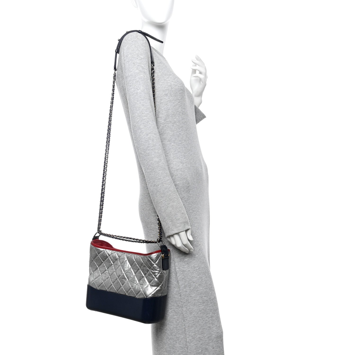 Chanel Metallic Aged Calfskin Quilted Medium Gabrielle Hobo Silver Navy Red 2 of 11