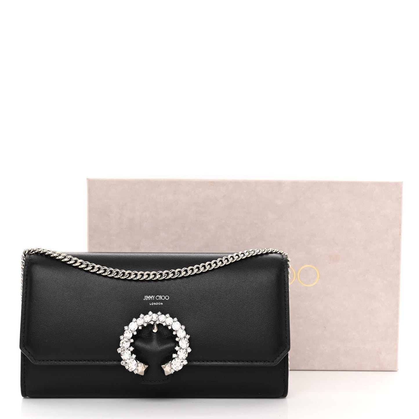 Smooth Calfskin Crystal Embellished Chain Wallet Black