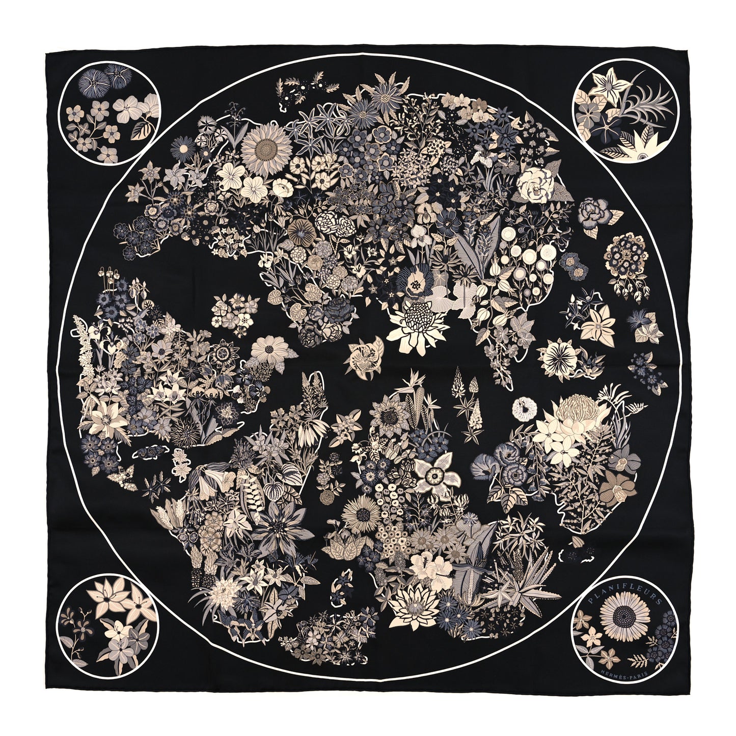 Silk Planifleurs Scarf 90 Black Gris Parchemin