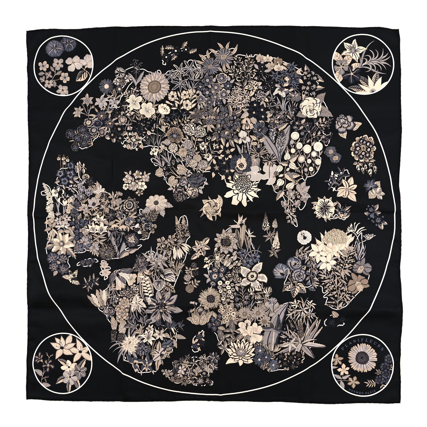 Hermes Silk Planifleurs Scarf 90 Black Gris Parchemin 1 of 3