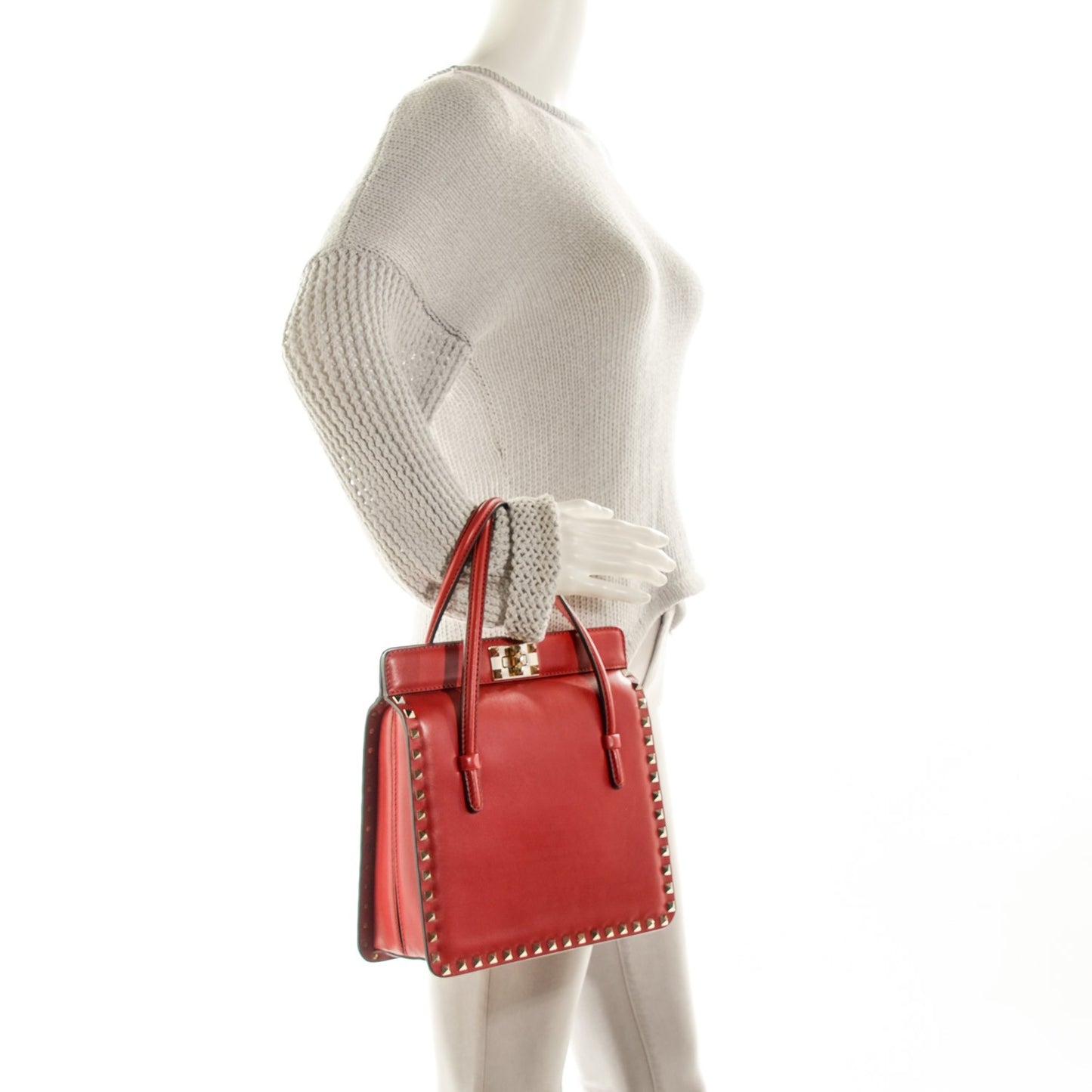 Vitello Rockstud Top Handle Bag Red