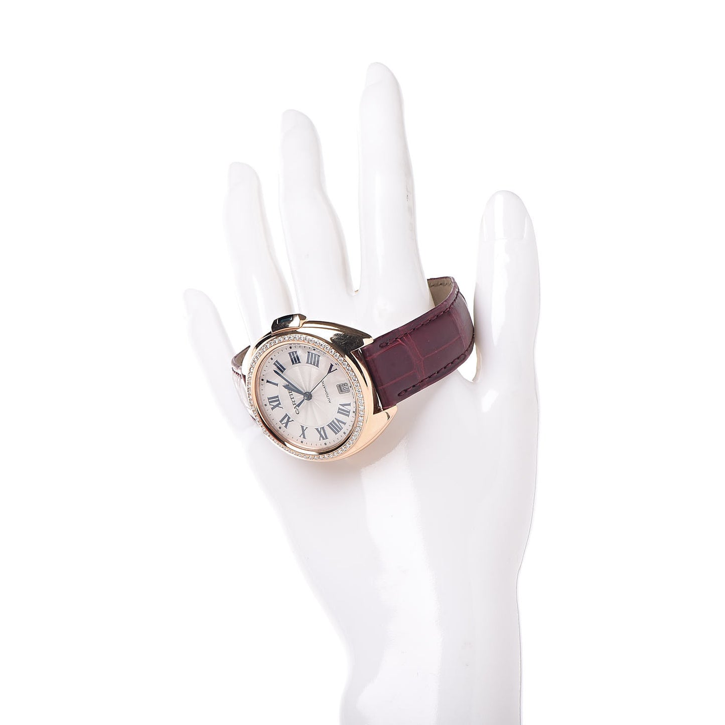 18K Pink Gold Alligator Diamond 35mm Cle De Automatic Watch Bordeaux