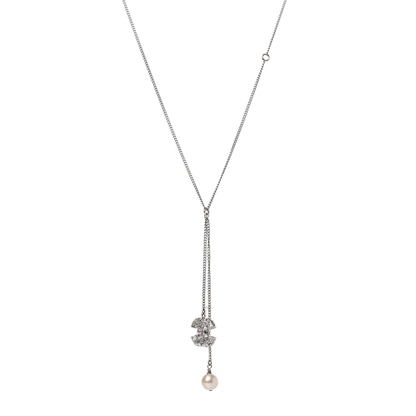 Baguette Crystal Pearl CC Lariat Necklace Silver