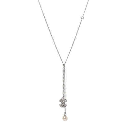 Chanel Baguette Crystal Pearl CC Lariat Necklace Silver 1 of 8
