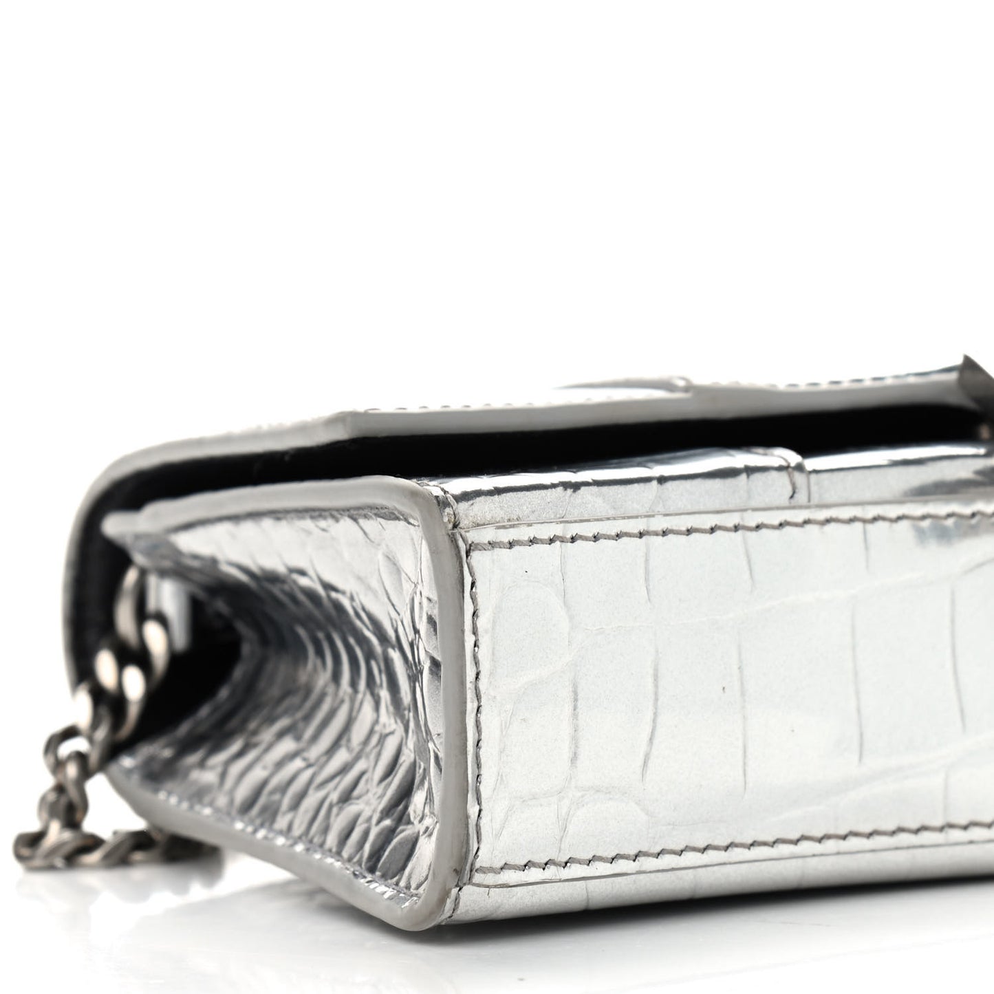 Metallic Calfskin Crocodile Embossed Hourglass Chain Bag Silver