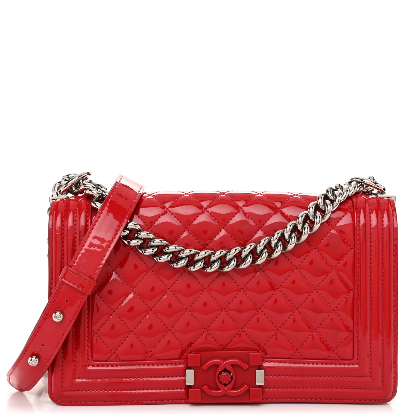 Patent Calfskin Quilted Medium Plexiglass Boy Flap Red