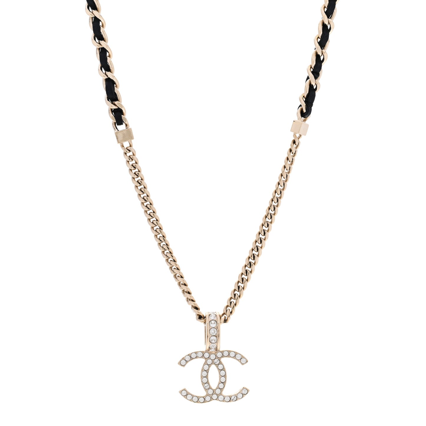 Lambskin Crystal CC Chain Pendant Necklace Black Gold