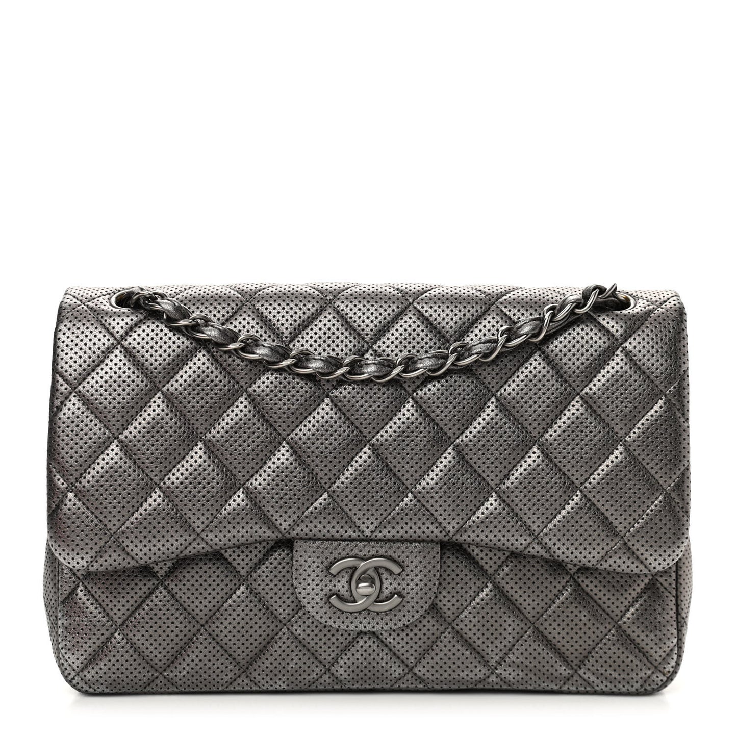 Metallic Perforated Lambskin Quilted Jumbo Double Flap Dark Silver