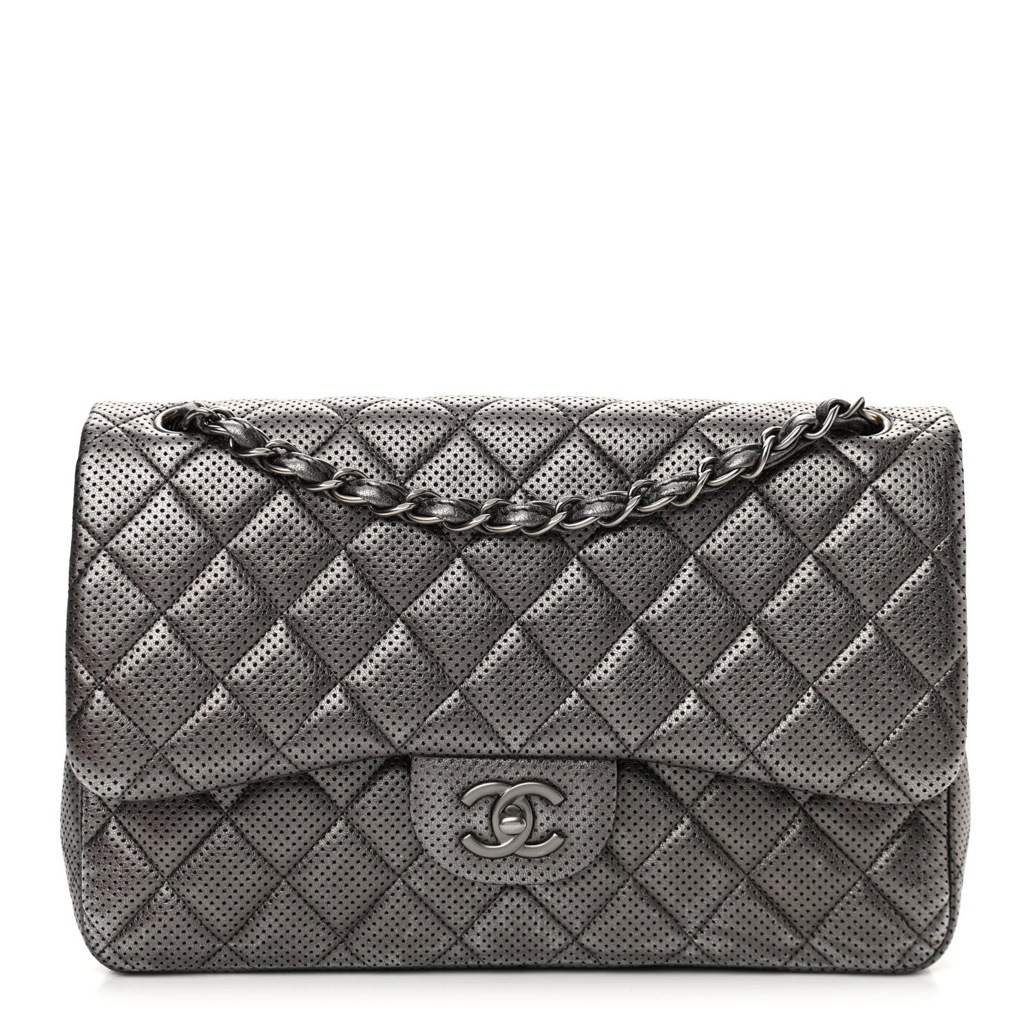 Chanel Metallic Perforated Lambskin Quilted Jumbo Double Flap Dark Silver 1 of 11