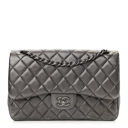 Chanel Metallic Perforated Lambskin Quilted Jumbo Double Flap Dark Silver 1 of 11