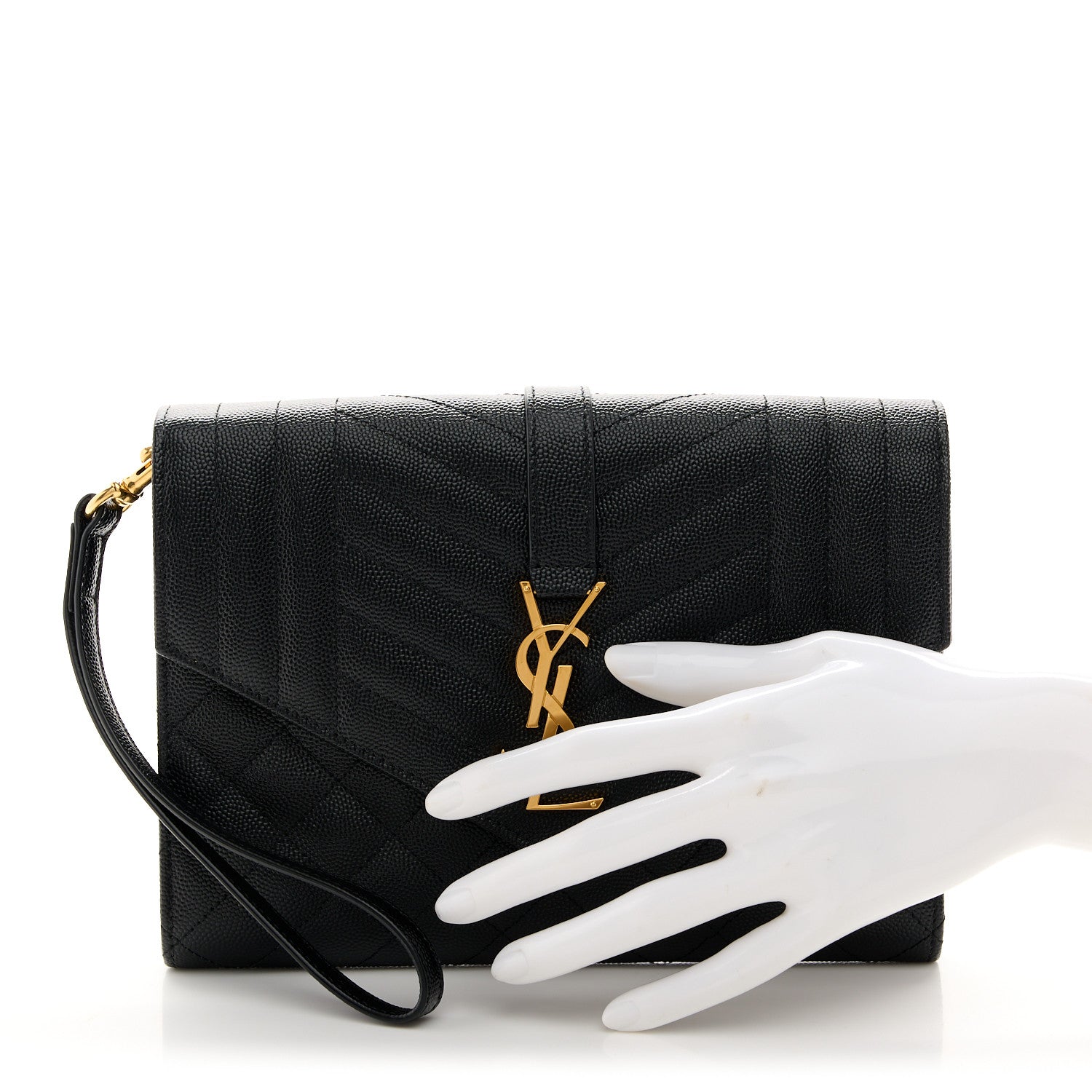 Saint Laurent Grain De Poudre Textured Mixed Matelasse Triquilt Monogram Clutch Black 2 of 11